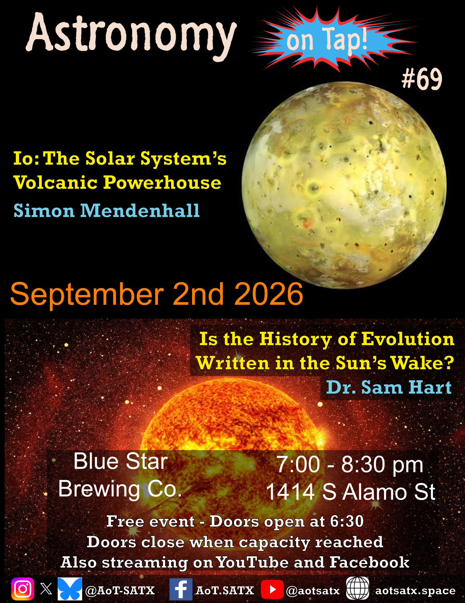 AoT SATX 69: Io vulcanism and solar evolution.